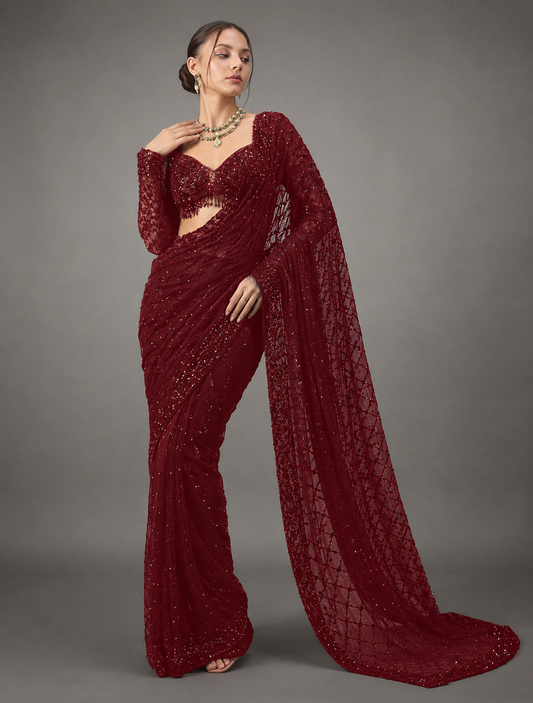 Maroon Sequin Embroidered Georgette Saree