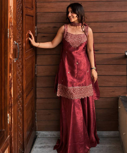 Maroon Sharara Set with Choker Dupatta