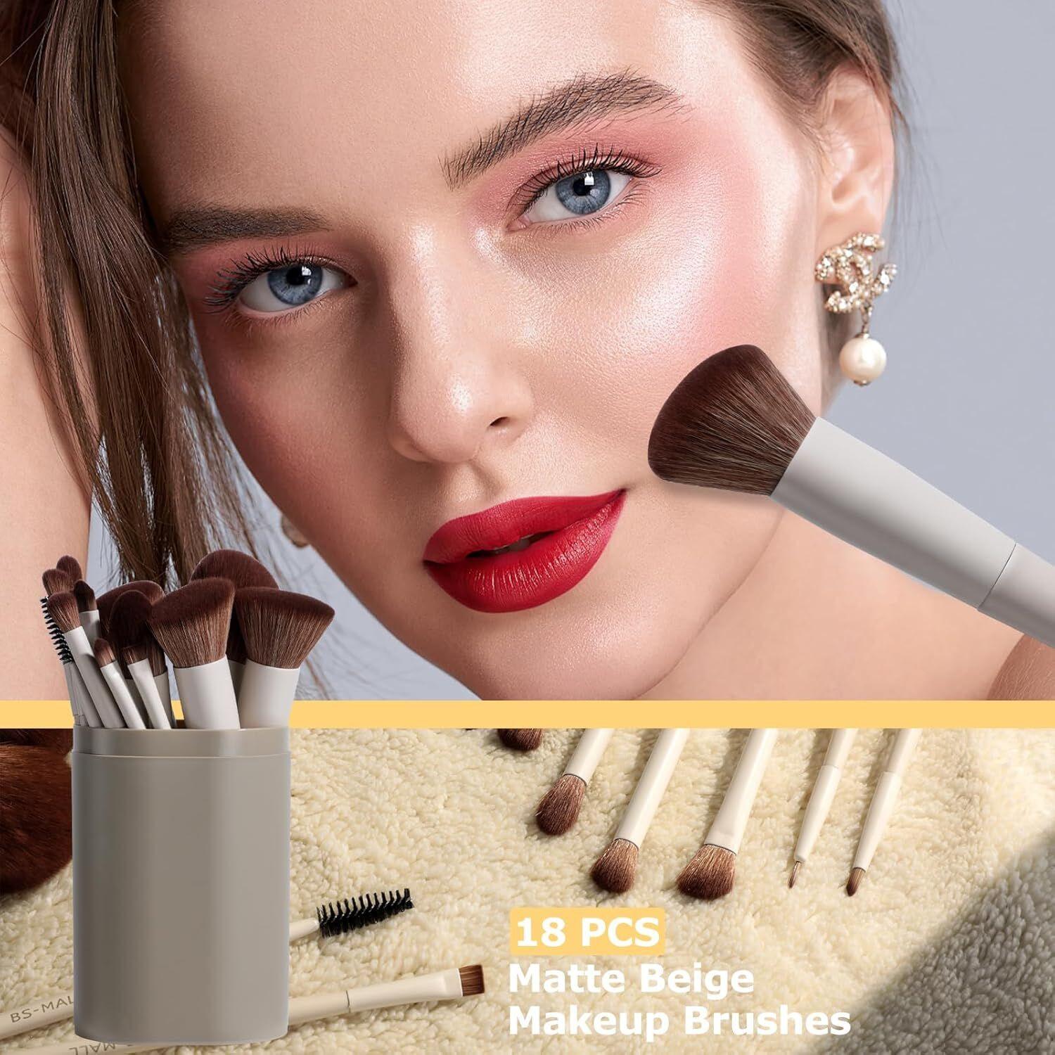 Matte Beige Makeup Brush Set (18-Piece): Professional, Cruelty-Free for Foundation, Blush & Eyeshadow