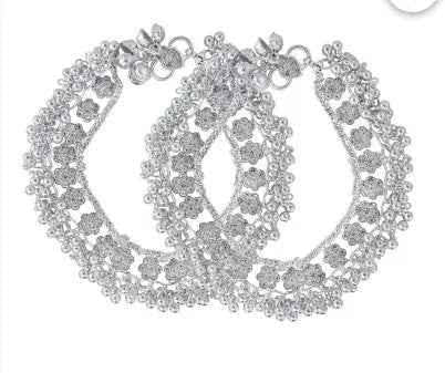 Memoir silver plated brass, cz studded flower pattern, jhalar ghungroo payal