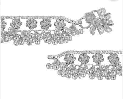 Memoir silver plated brass, cz studded flower pattern, jhalar ghungroo payal
