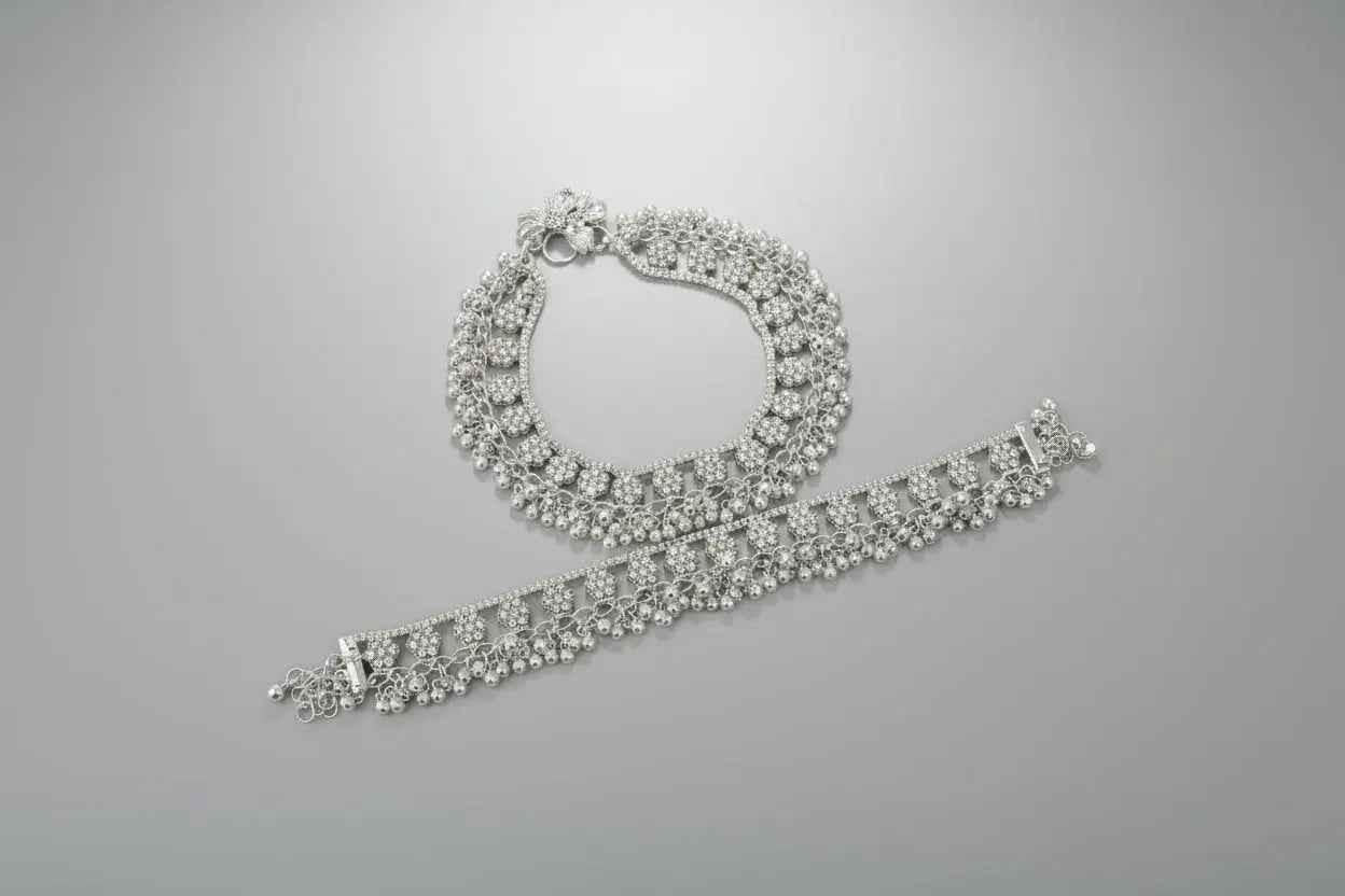 Memoir silver plated brass, cz studded flower pattern, jhalar ghungroo payal