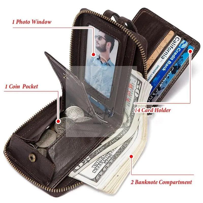 Men Leather Wallet with Rfid Protection and Coin Pocket - Brown