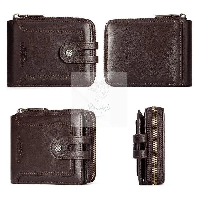 Men Leather Wallet with Rfid Protection and Coin Pocket - Brown