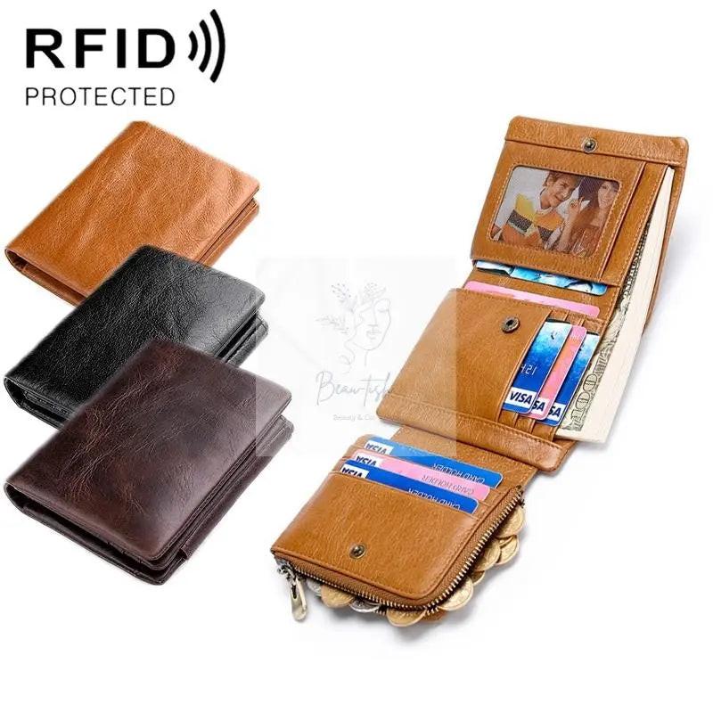 Men Rfid Leather Tri-fold Wallet - Genuine Leather - Black