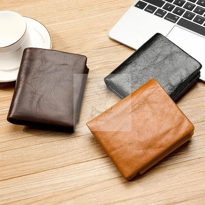 Men Rfid Leather Tri-fold Wallet - Genuine Leather - Black