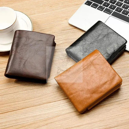 Men Rfid Leather Tri-fold Wallet - Genuine Leather - Black