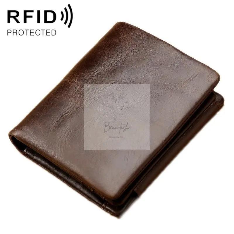 Men Rfid Leather Tri-fold Wallet - Genuine Leather - Black