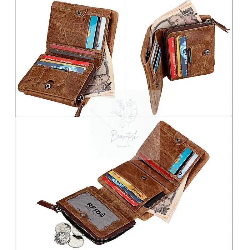 Men Taupe Leather Rfid Card Holder Wallet