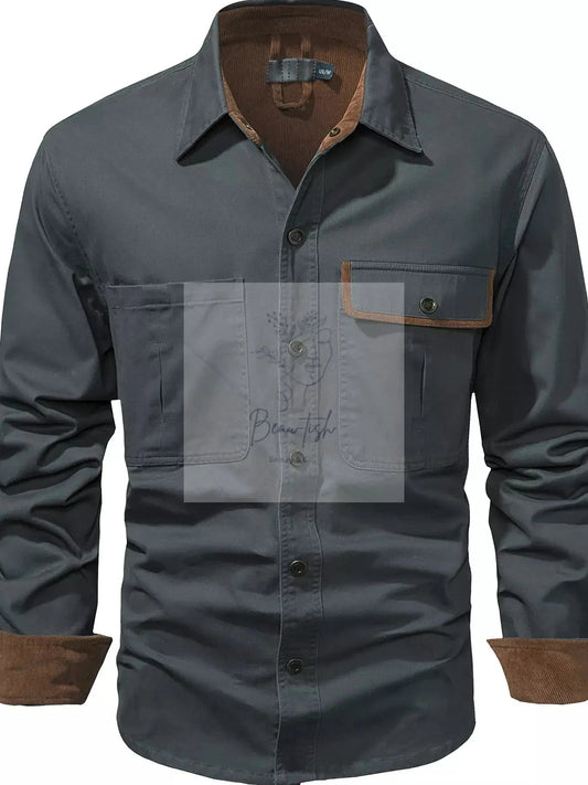 Men's Casual Long Sleeve Button-Down Shirt with Pockets