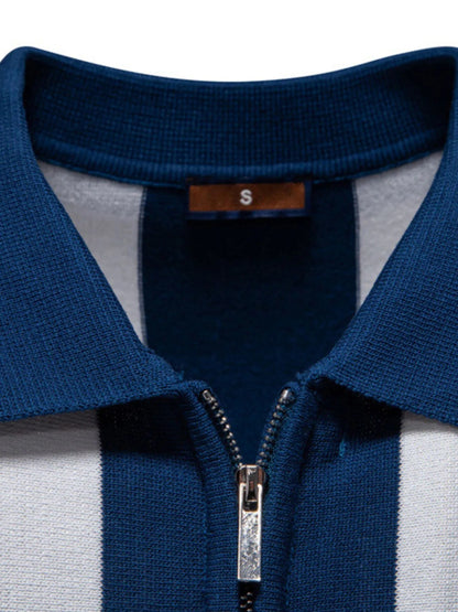 Men's Classic Striped Zip Collar Polo Shirt