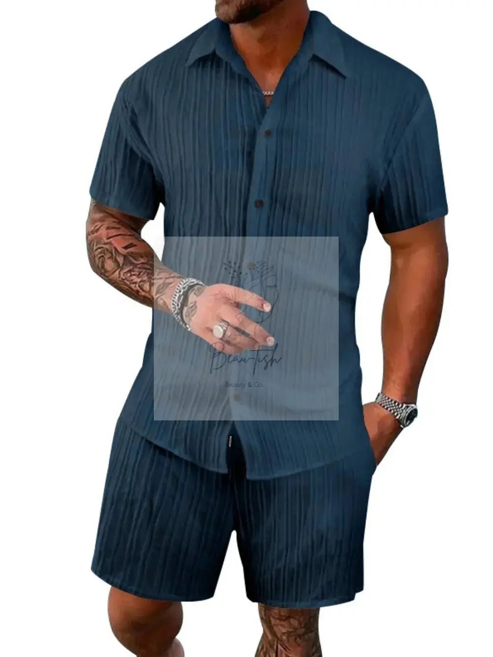 Men's Full Size Button Down Short Sleeve Shirt and Shorts Set Plus Size