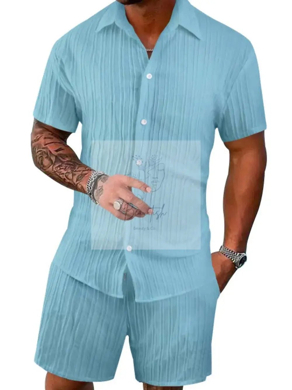 Men's Full Size Button Down Short Sleeve Shirt and Shorts Set Plus Size