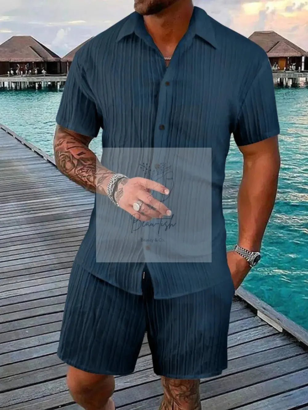 Men's Full Size Button Down Short Sleeve Shirt and Shorts Set Plus Size