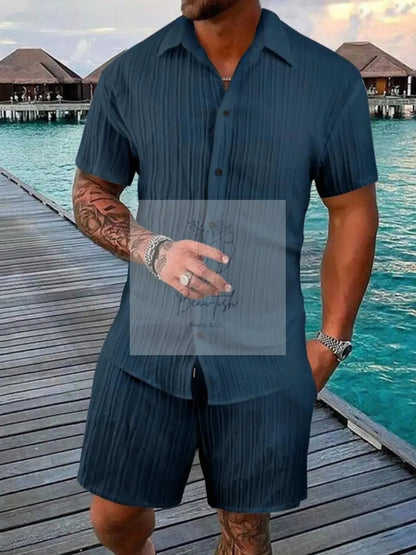Men's Full Size Button Down Short Sleeve Shirt and Shorts Set Plus Size
