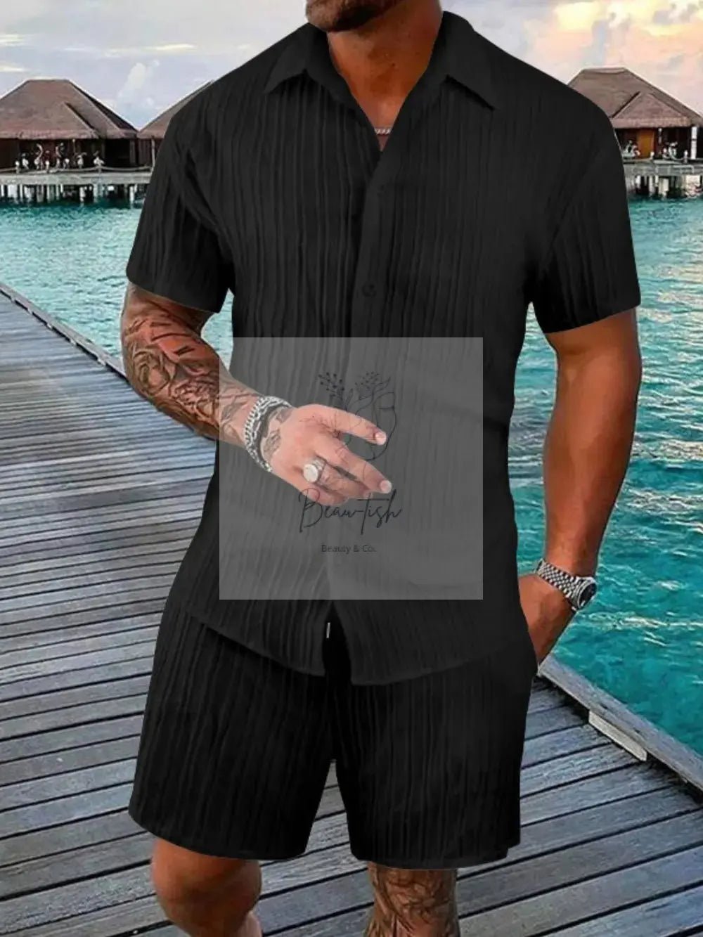 Men's Full Size Button Down Short Sleeve Shirt and Shorts Set Plus Size