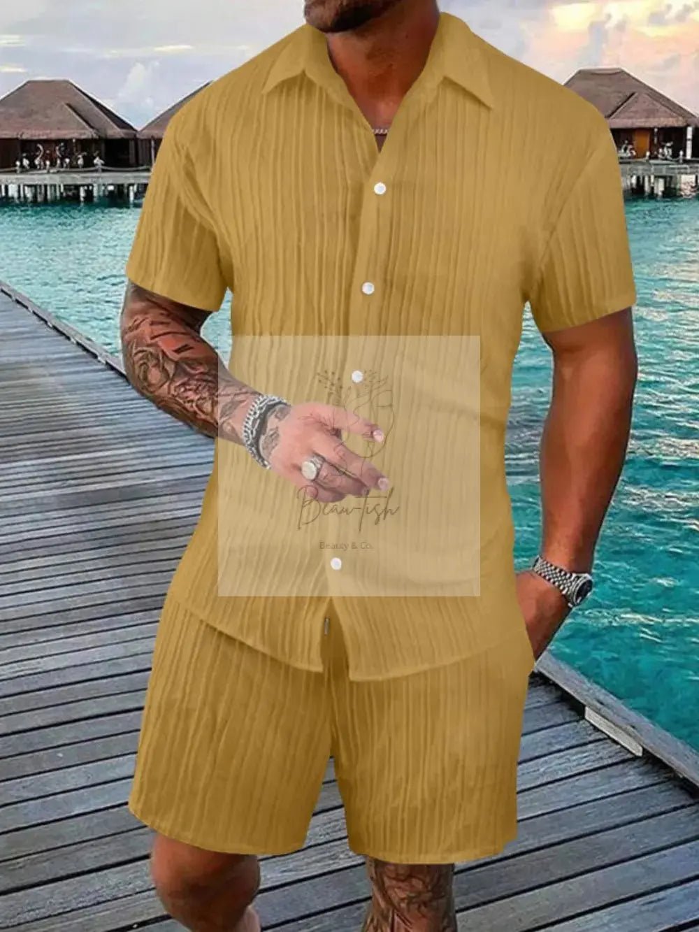 Men's Full Size Button Down Short Sleeve Shirt and Shorts Set Plus Size