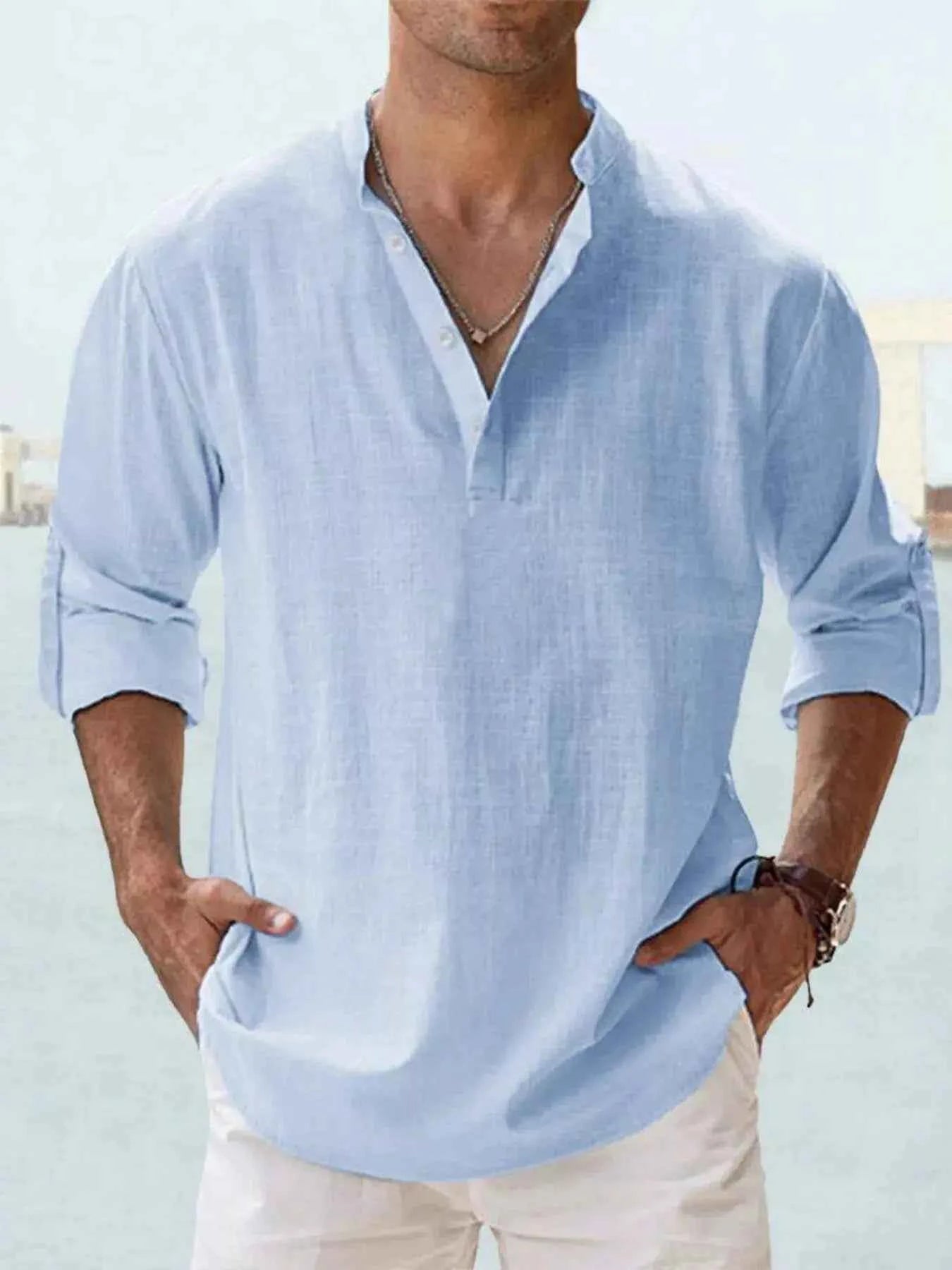 Men's Full Size Casual Button Detail Roll-Up Sleeve Blouse Plus Size