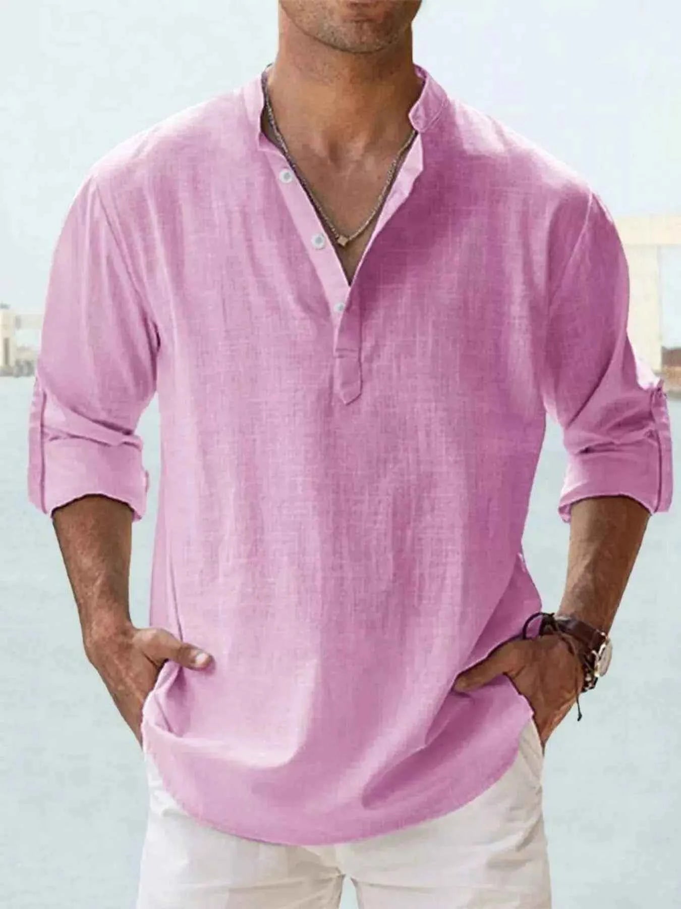 Men's Full Size Casual Button Detail Roll-Up Sleeve Blouse Plus Size