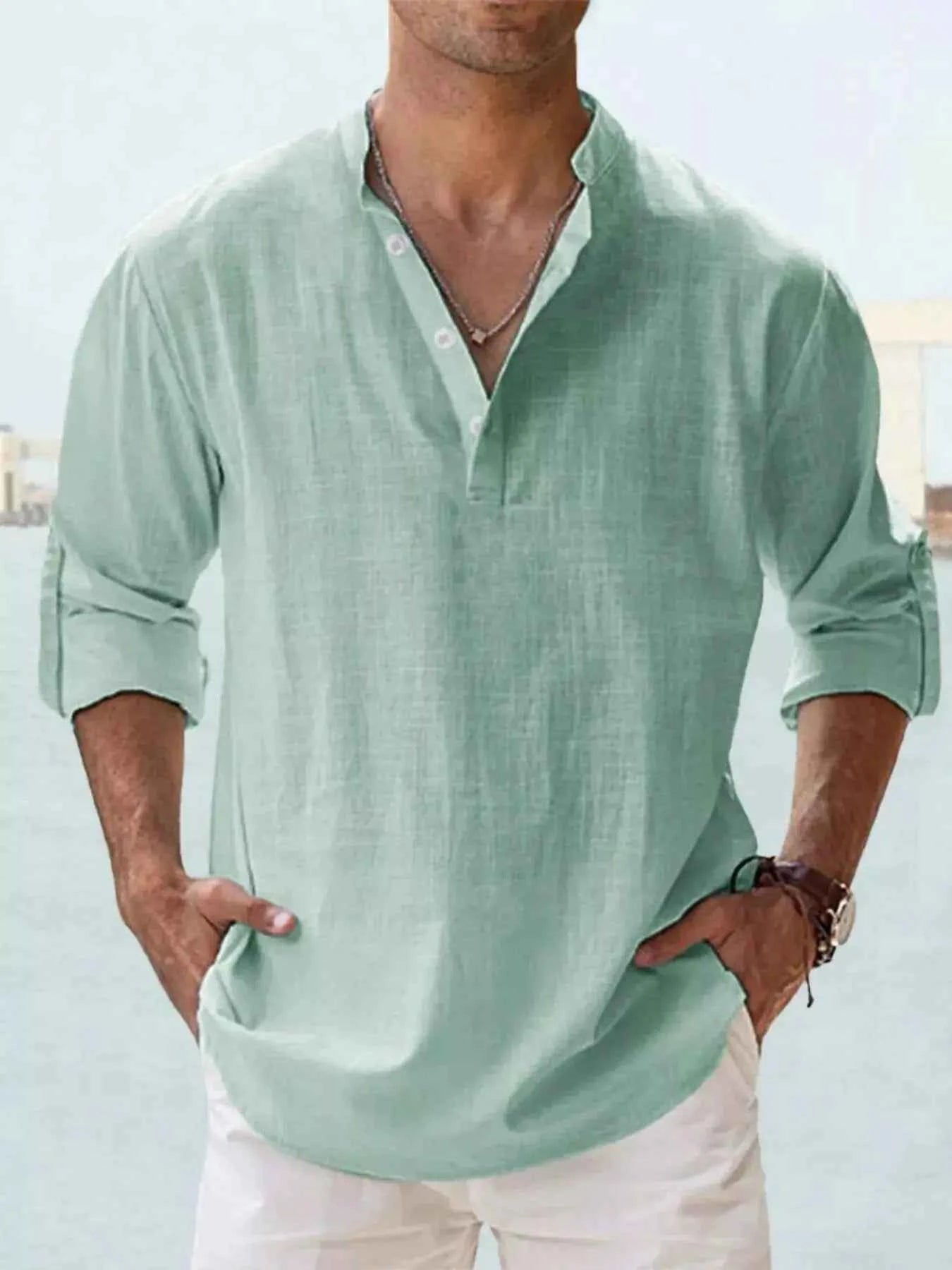 Men's Full Size Casual Button Detail Roll-Up Sleeve Blouse Plus Size