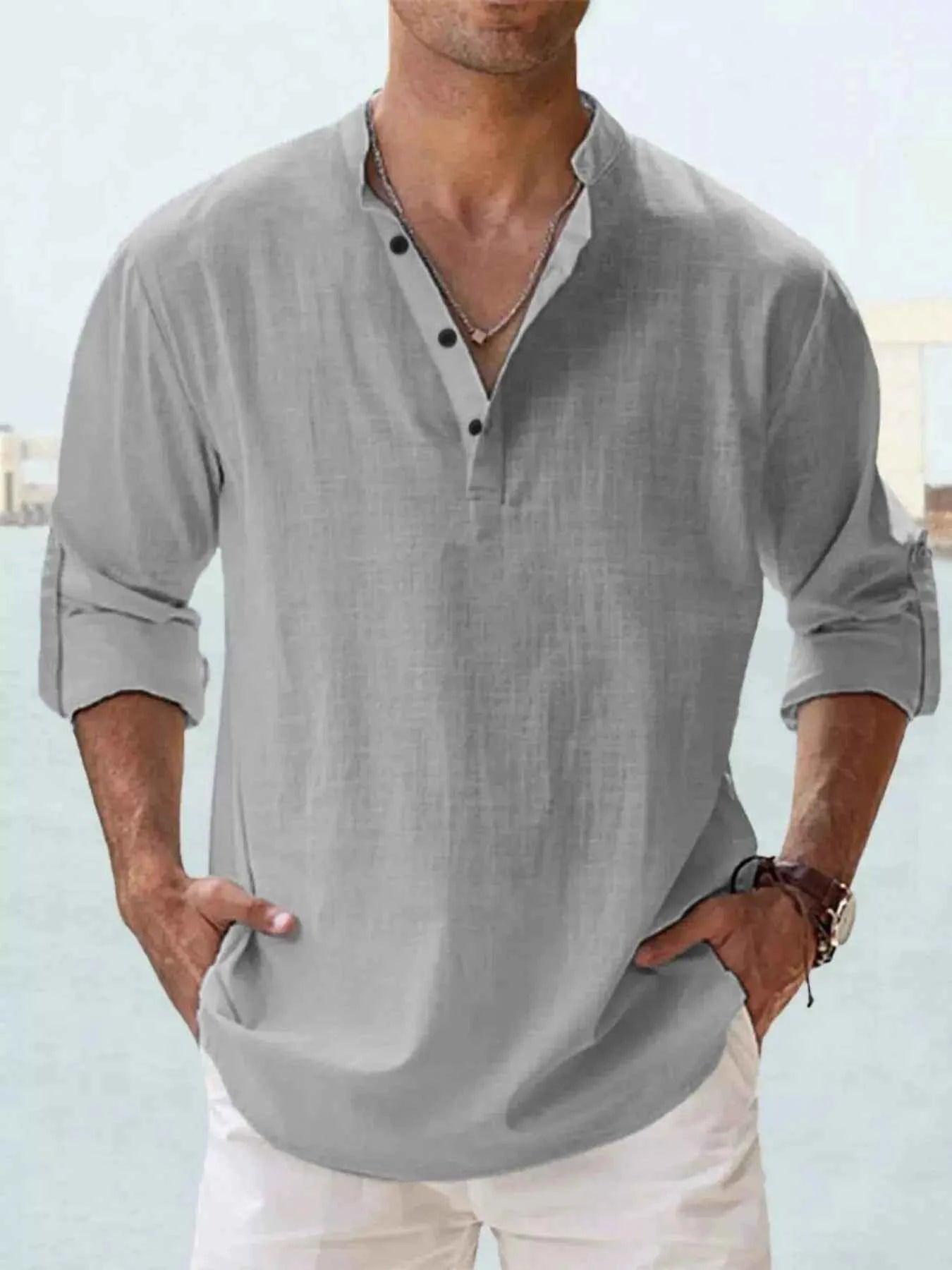 Men's Full Size Casual Button Detail Roll-Up Sleeve Blouse Plus Size