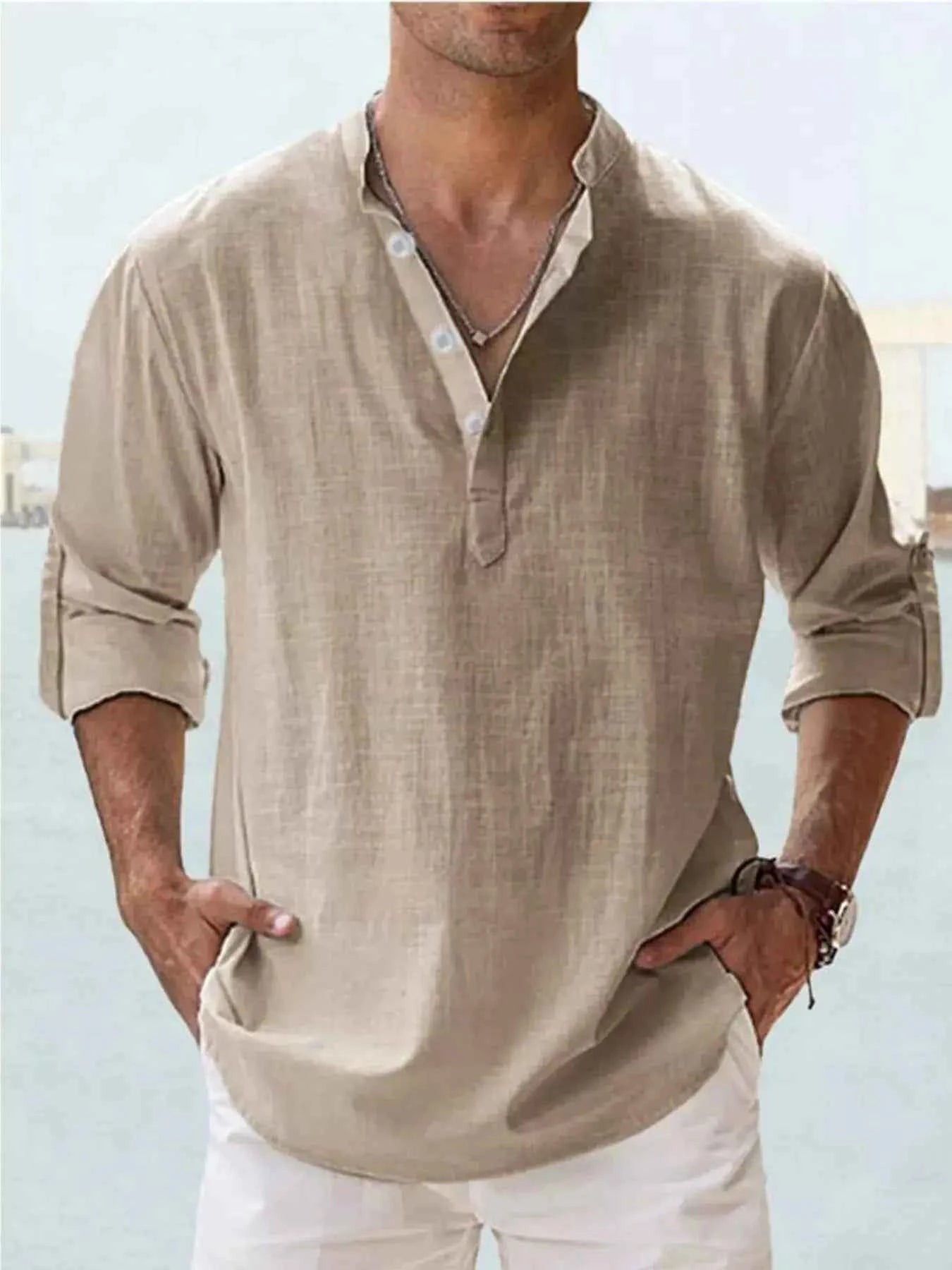 Men's Full Size Casual Button Detail Roll-Up Sleeve Blouse Plus Size