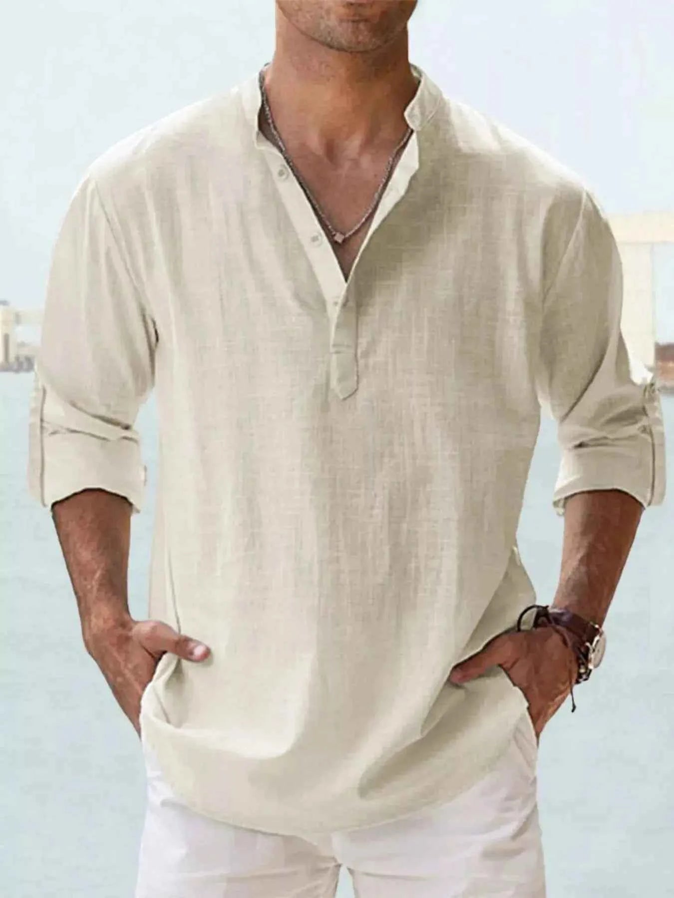 Men's Full Size Casual Button Detail Roll-Up Sleeve Blouse Plus Size