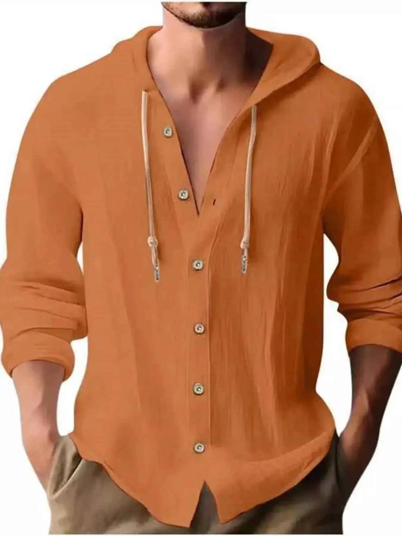 Men's Full Size Casual Button - Down Hooded Top Plus Size