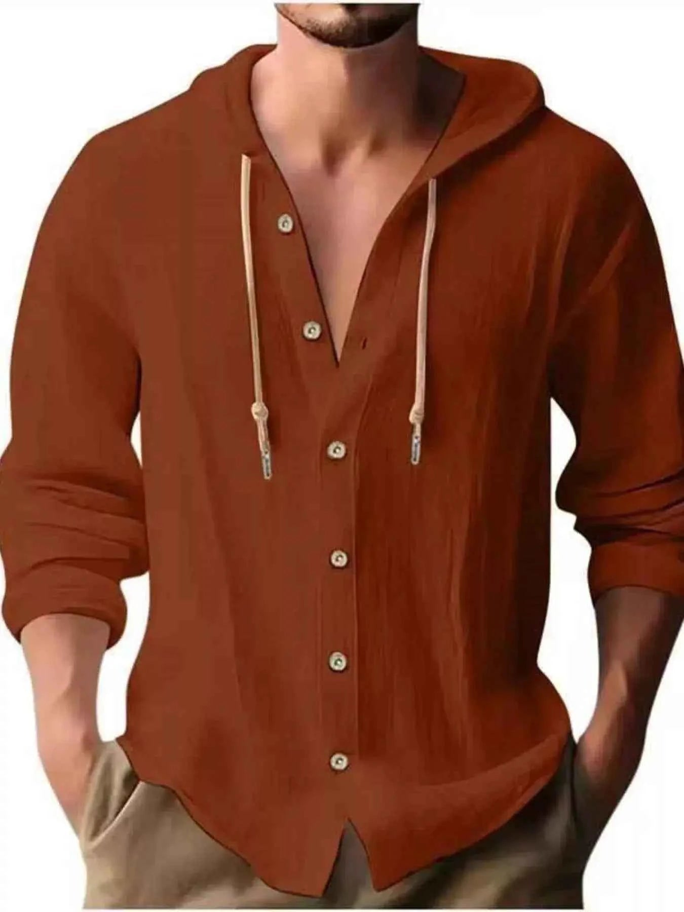 Men's Full Size Casual Button - Down Hooded Top Plus Size