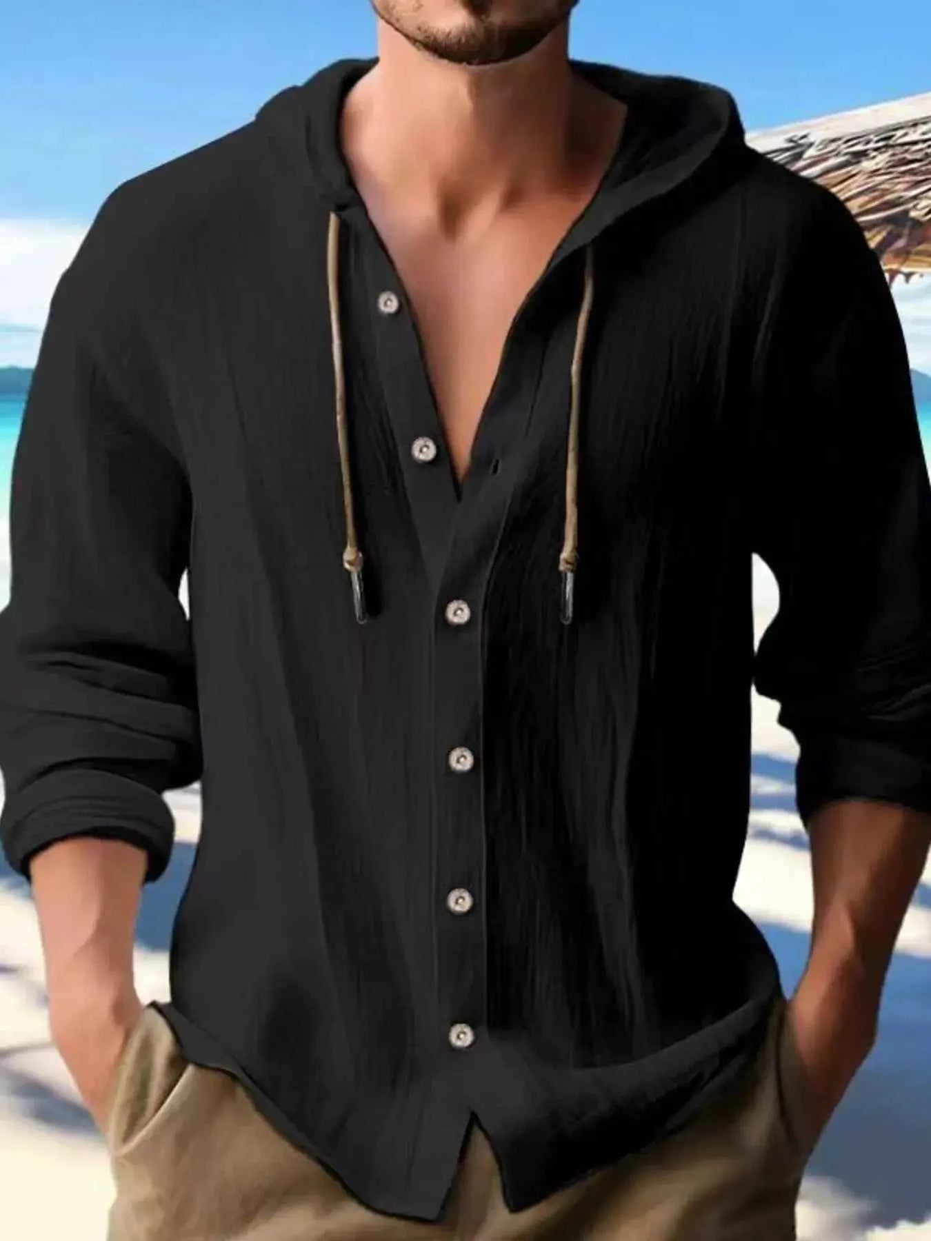 Men's Full Size Casual Button - Down Hooded Top Plus Size