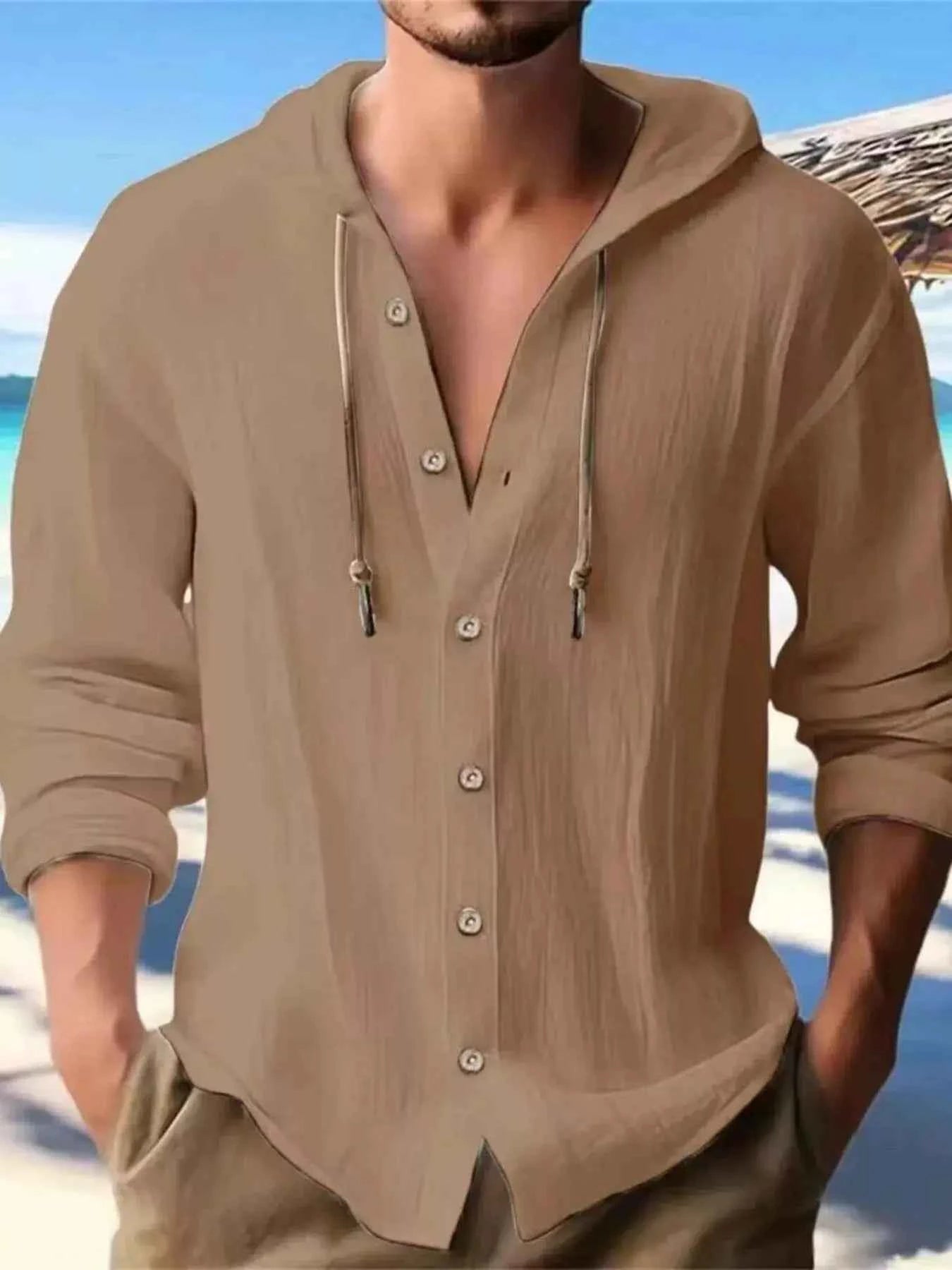 Men's Full Size Casual Button - Down Hooded Top Plus Size