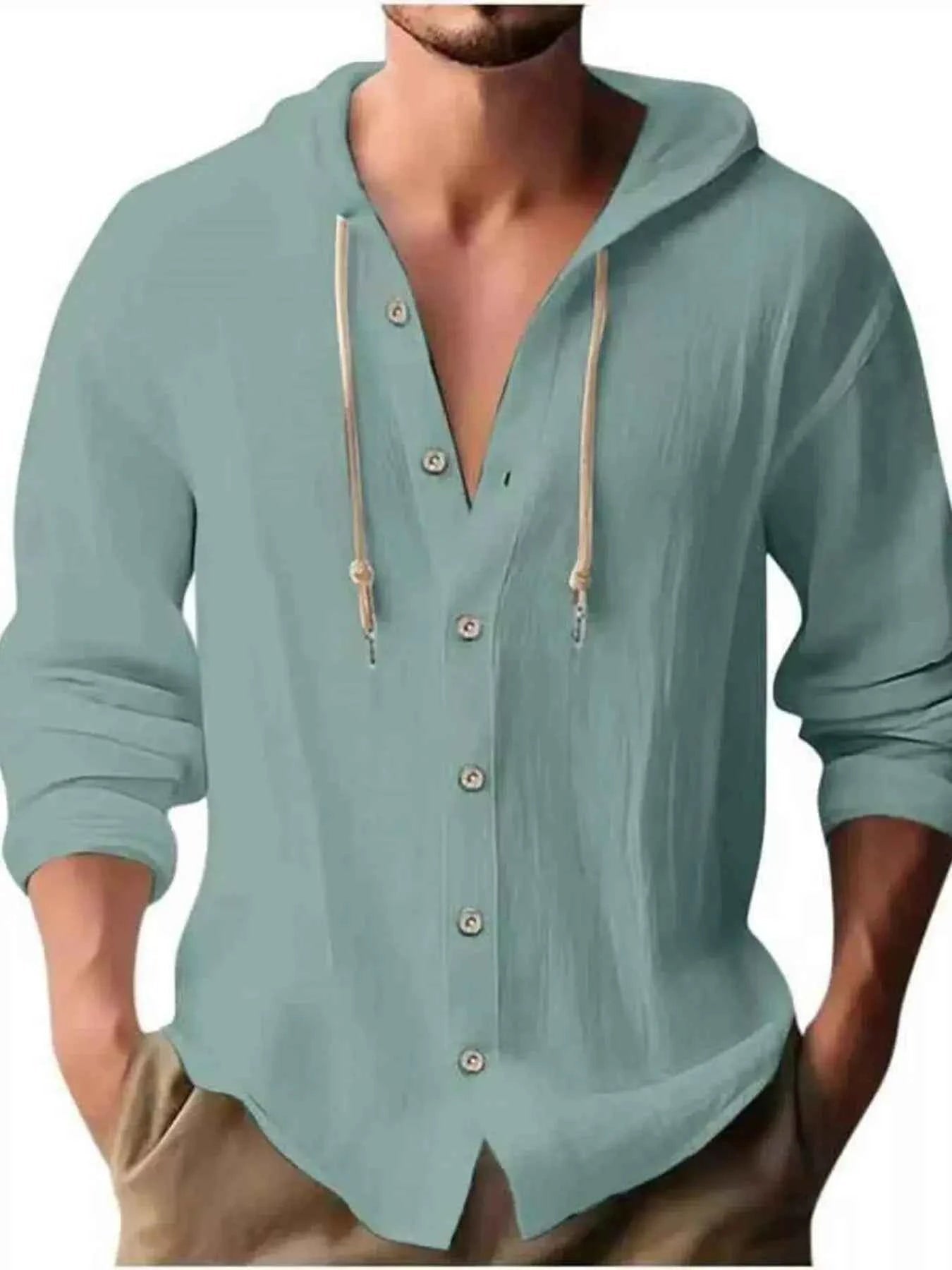 Men's Full Size Casual Button - Down Hooded Top Plus Size