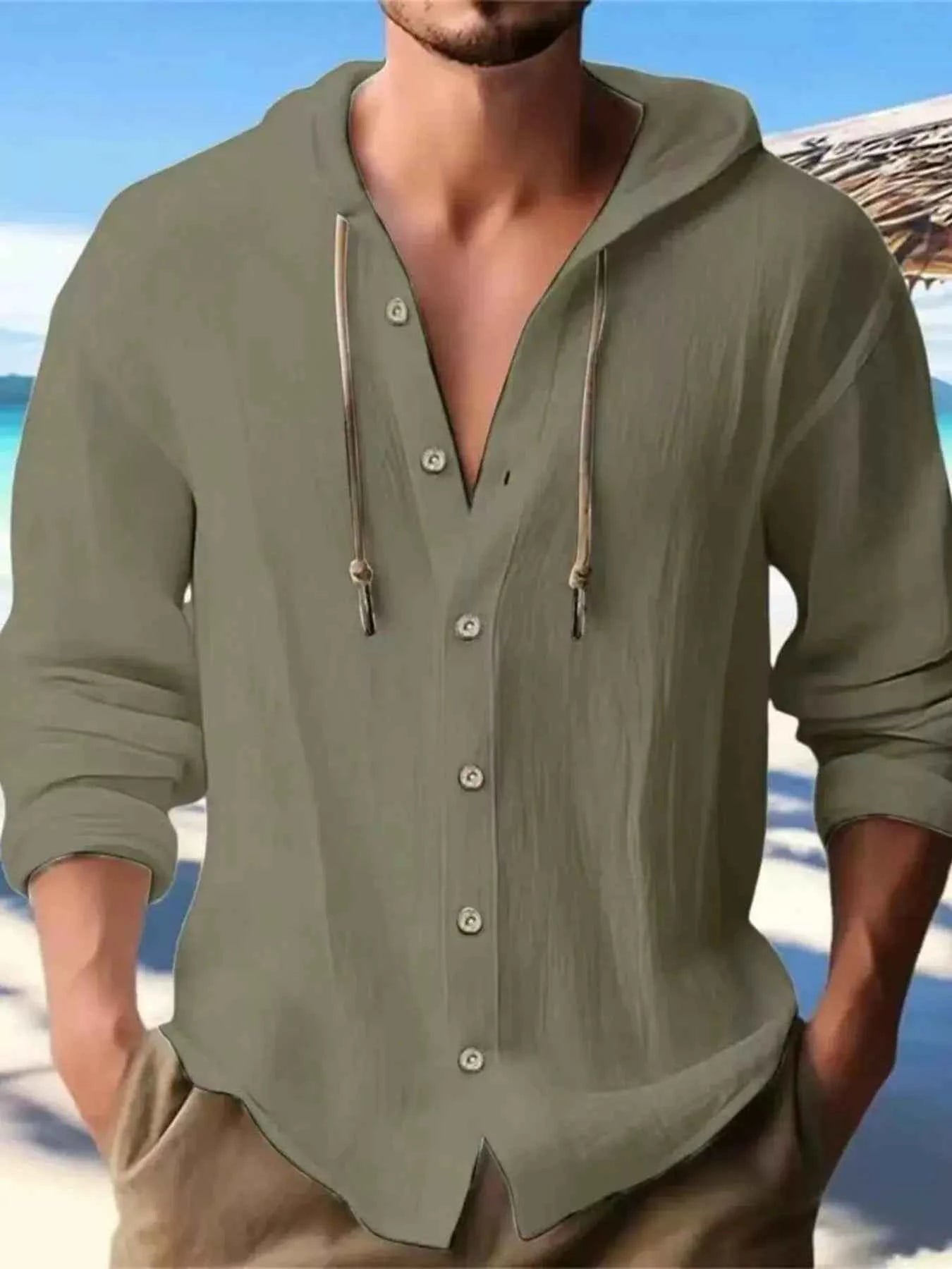 Men's Full Size Casual Button - Down Hooded Top Plus Size