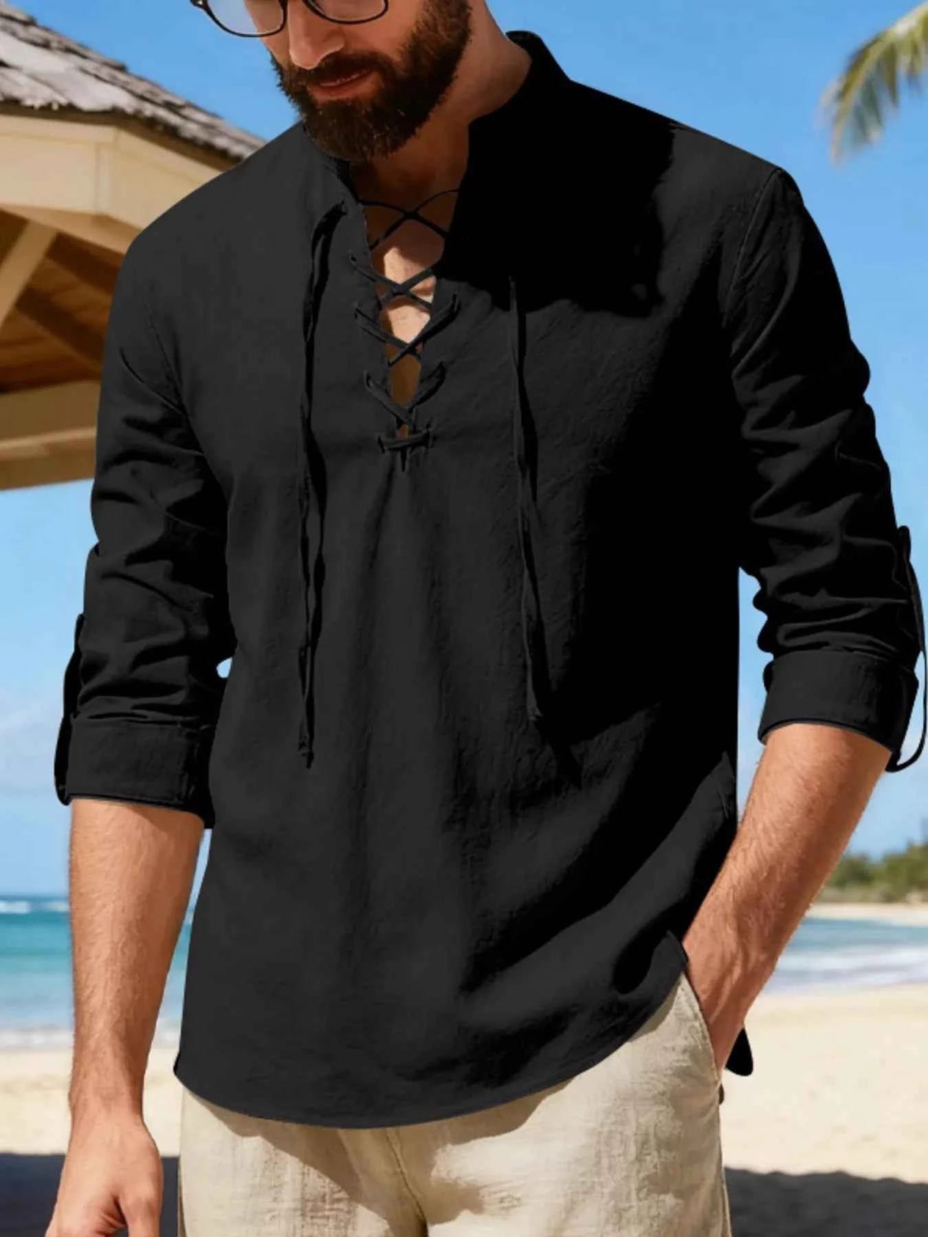 Men's Full Size Casual Lace-Up Linen Shirt Plus Size
