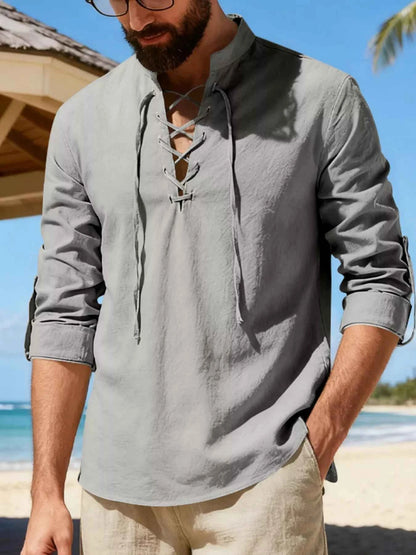 Men's Full Size Casual Lace-Up Linen Shirt Plus Size