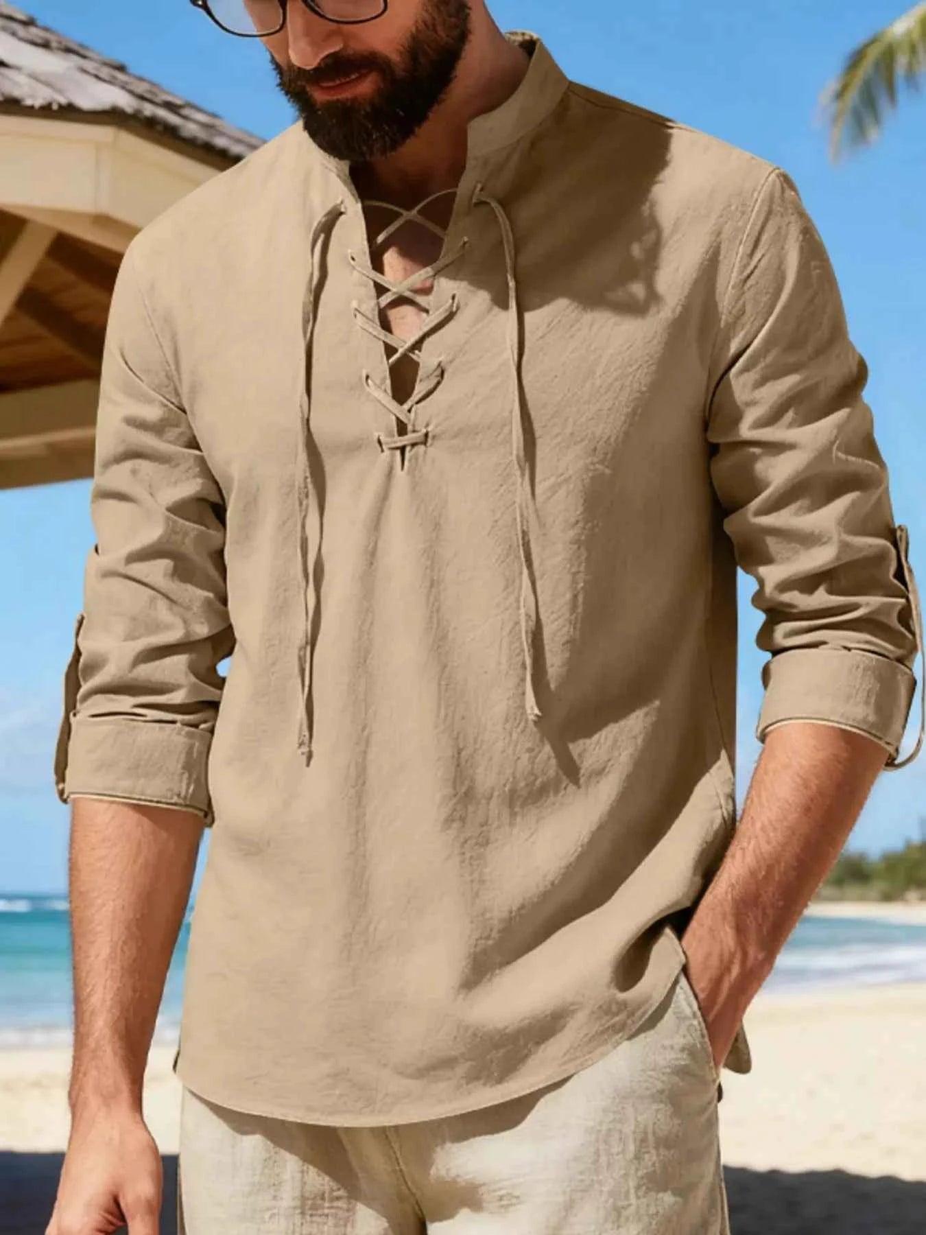 Men's Full Size Casual Lace-Up Linen Shirt Plus Size