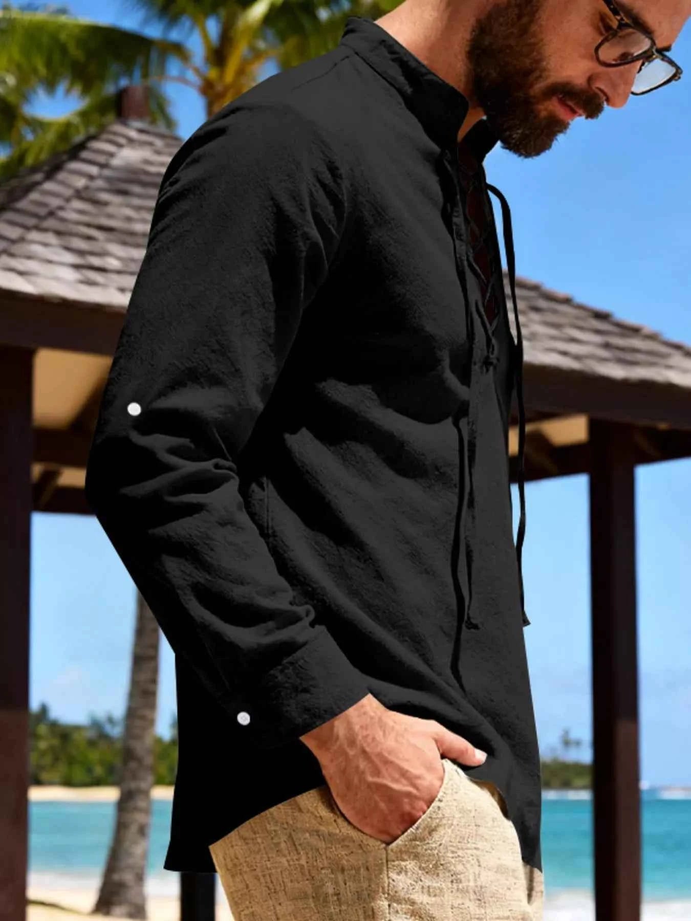 Men's Full Size Casual Lace-Up Linen Shirt Plus Size