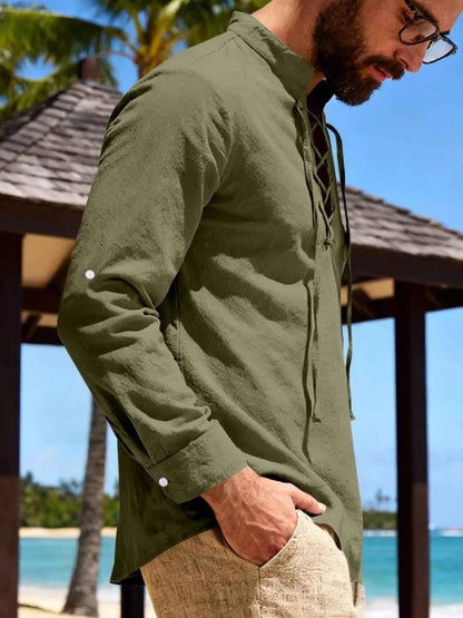 Men's Full Size Casual Lace-Up Linen Shirt Plus Size