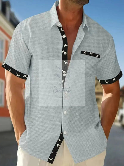 Men's Full Size Contrast Trim Waffle Knit Short Sleeve Shirt Plus Size