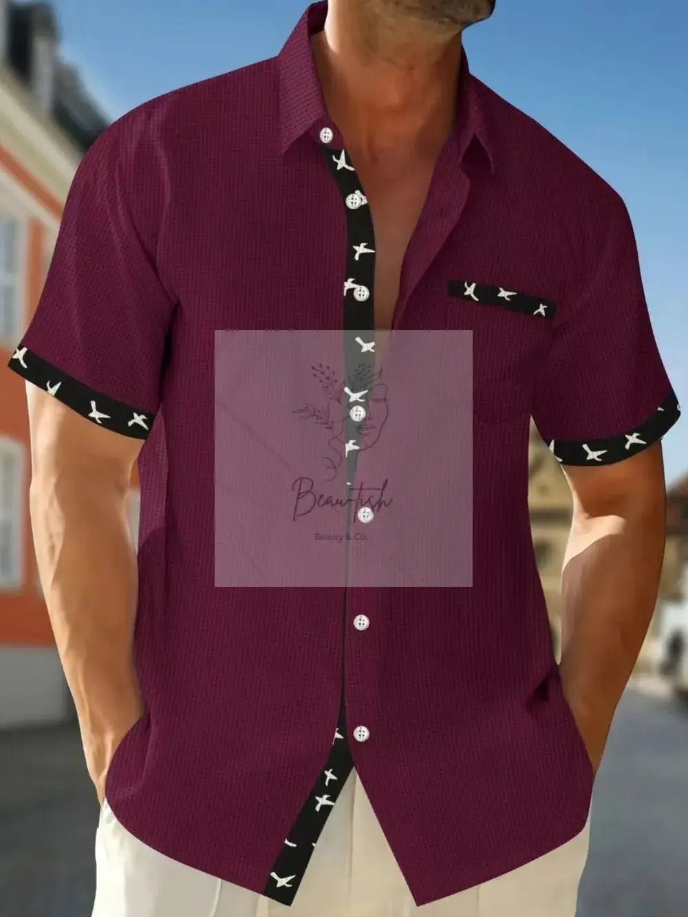 Men's Full Size Contrast Trim Waffle Knit Short Sleeve Shirt Plus Size