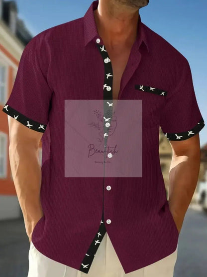 Men's Full Size Contrast Trim Waffle Knit Short Sleeve Shirt Plus Size