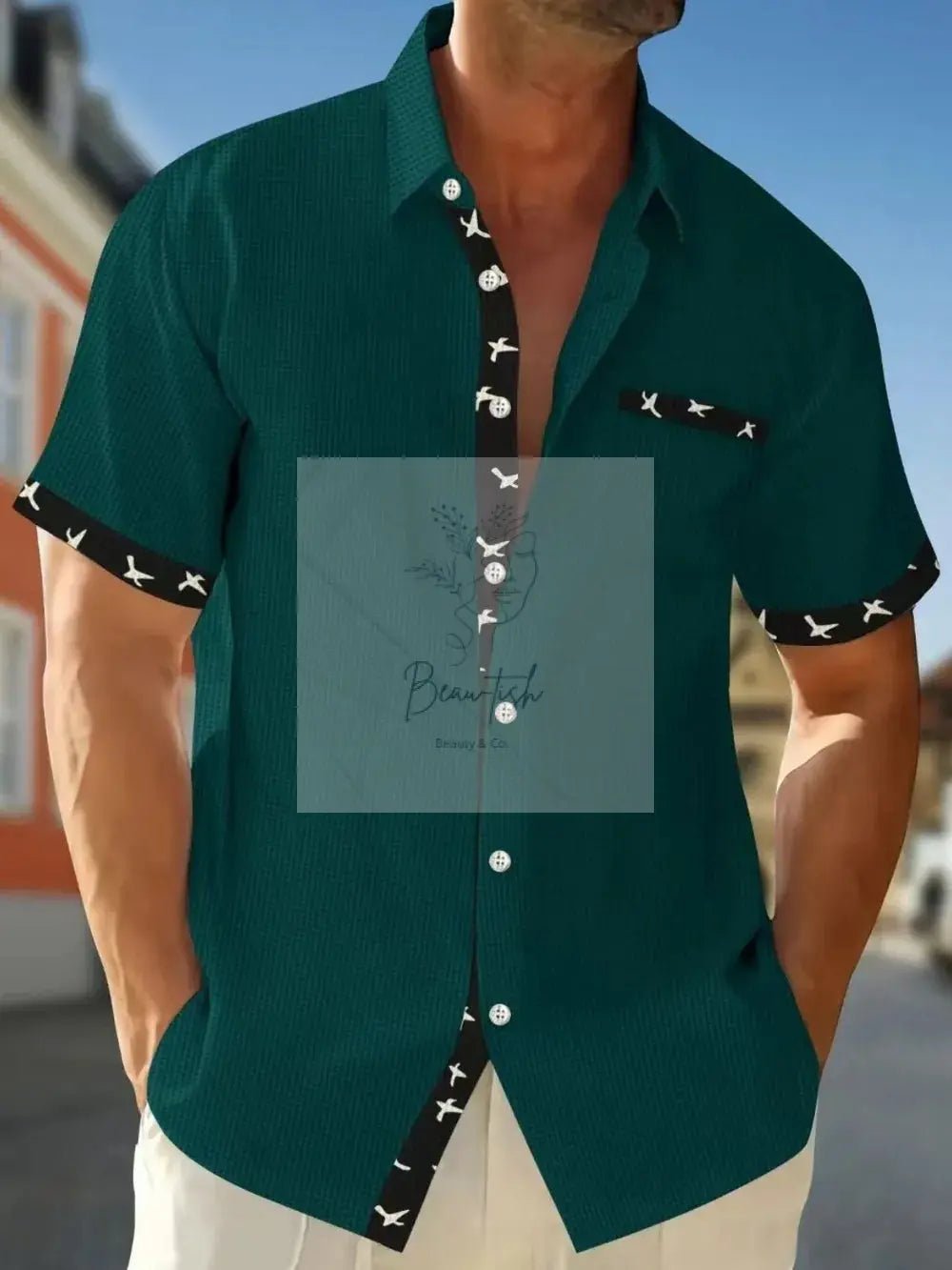 Men's Full Size Contrast Trim Waffle Knit Short Sleeve Shirt Plus Size