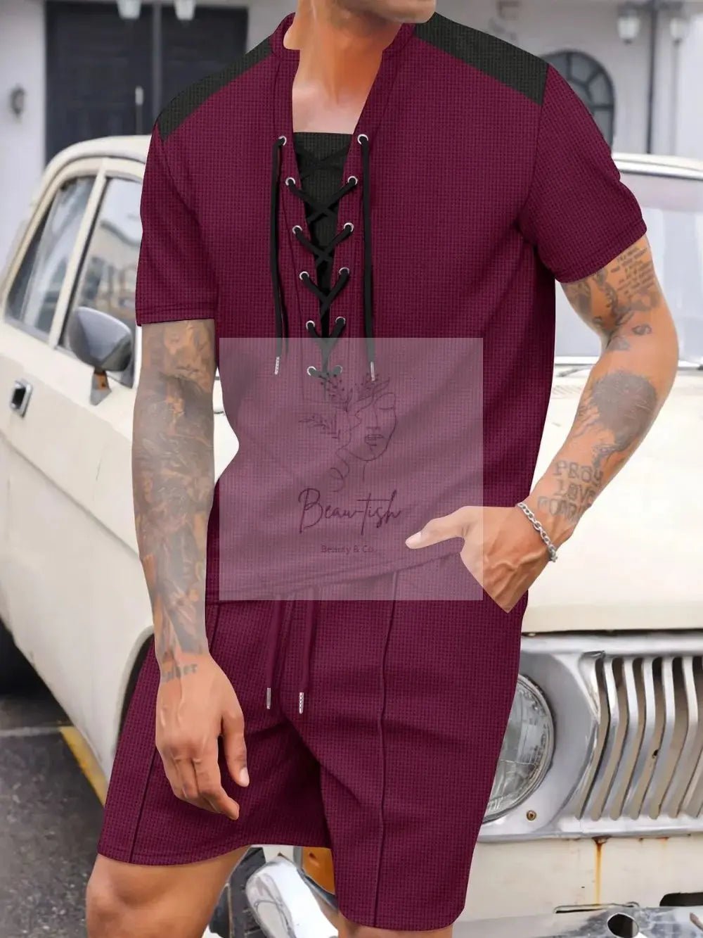 Men's Full Size Lace-Up Waffle Knit Top and Shorts Set Plus Size