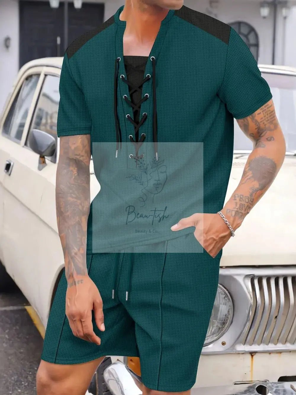 Men's Full Size Lace-Up Waffle Knit Top and Shorts Set Plus Size