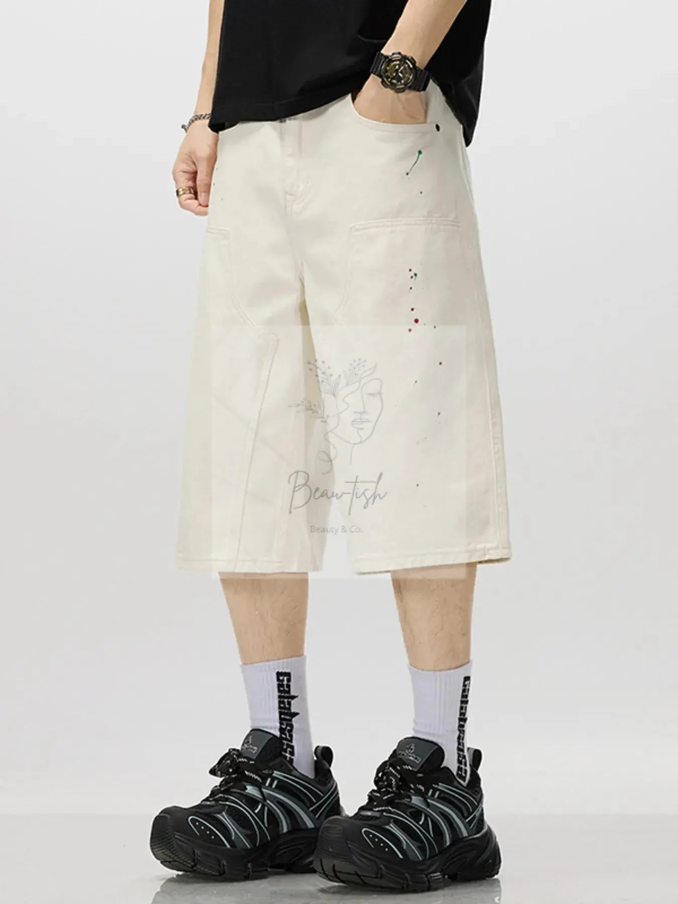 Men's Loose-Fit Splatter-Paint Denim Capris