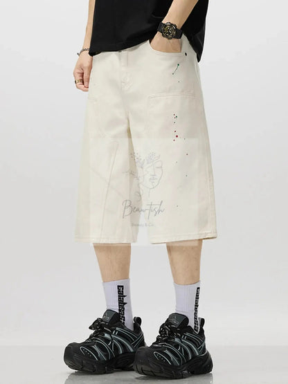 Men's Loose-Fit Splatter-Paint Denim Capris