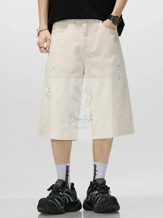 Men's Loose - Fit Splatter - Paint Denim Capris