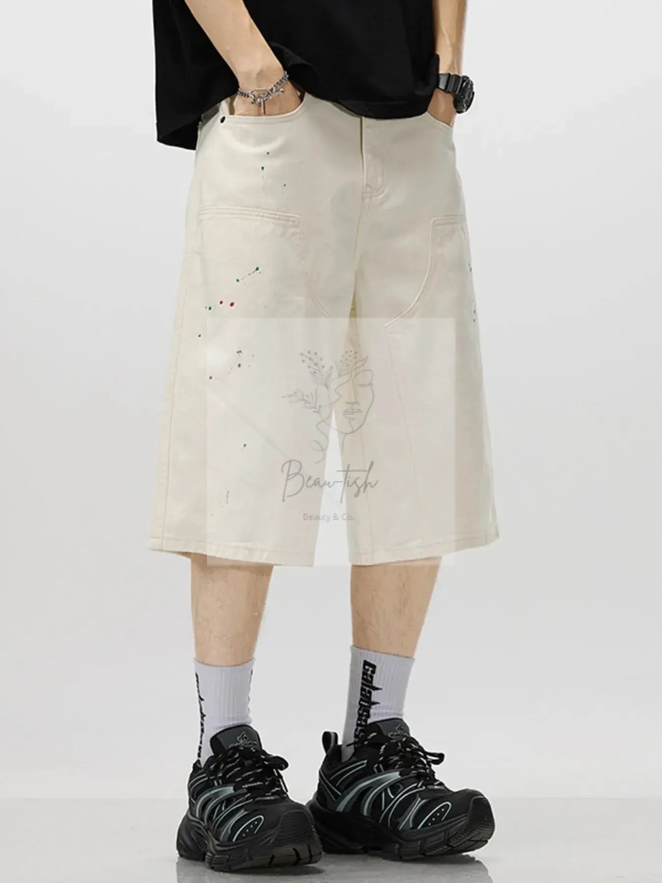Men's Loose-Fit Splatter-Paint Denim Capris