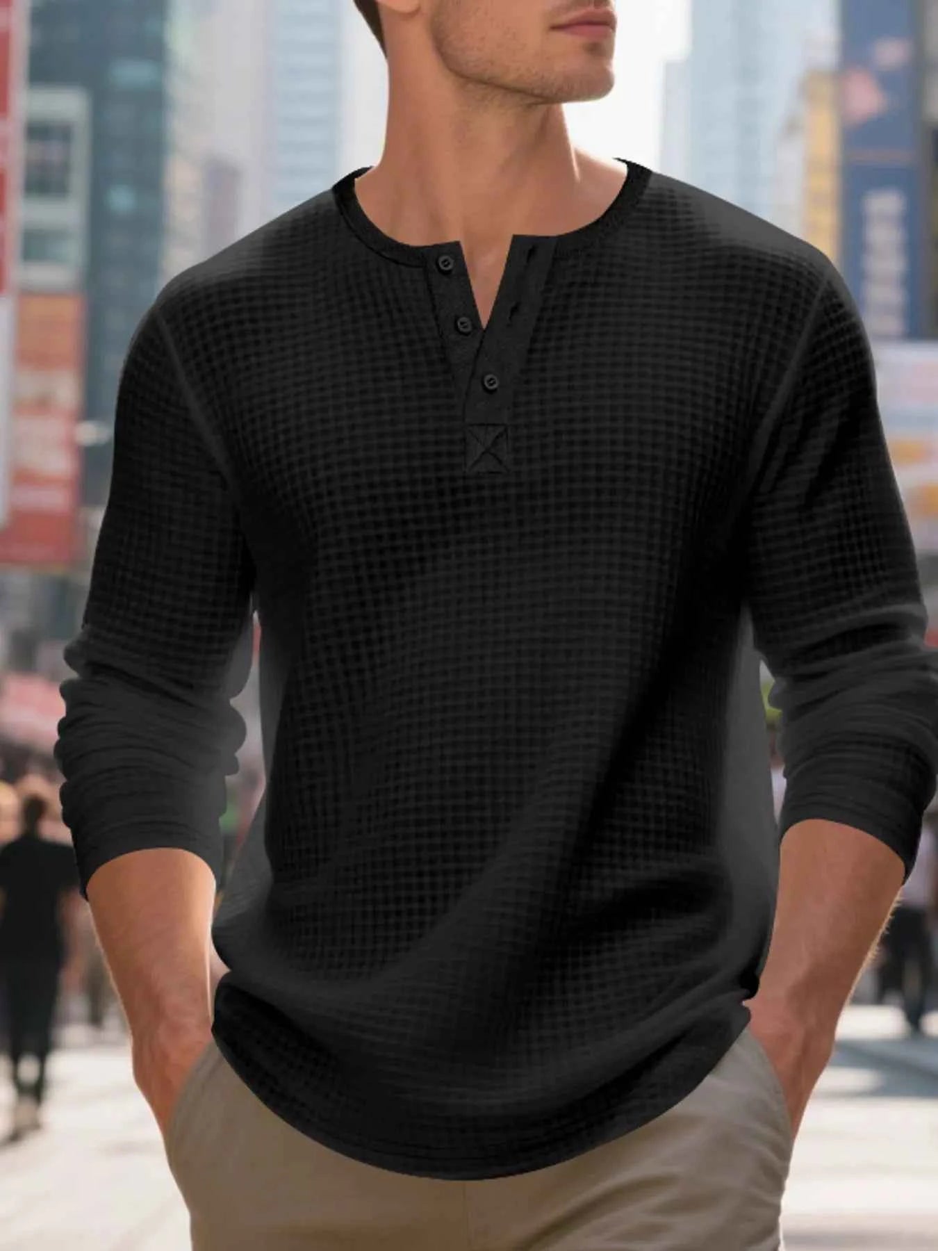 Men's Plus Size Casual Waffle Knit Henley T-Shirt