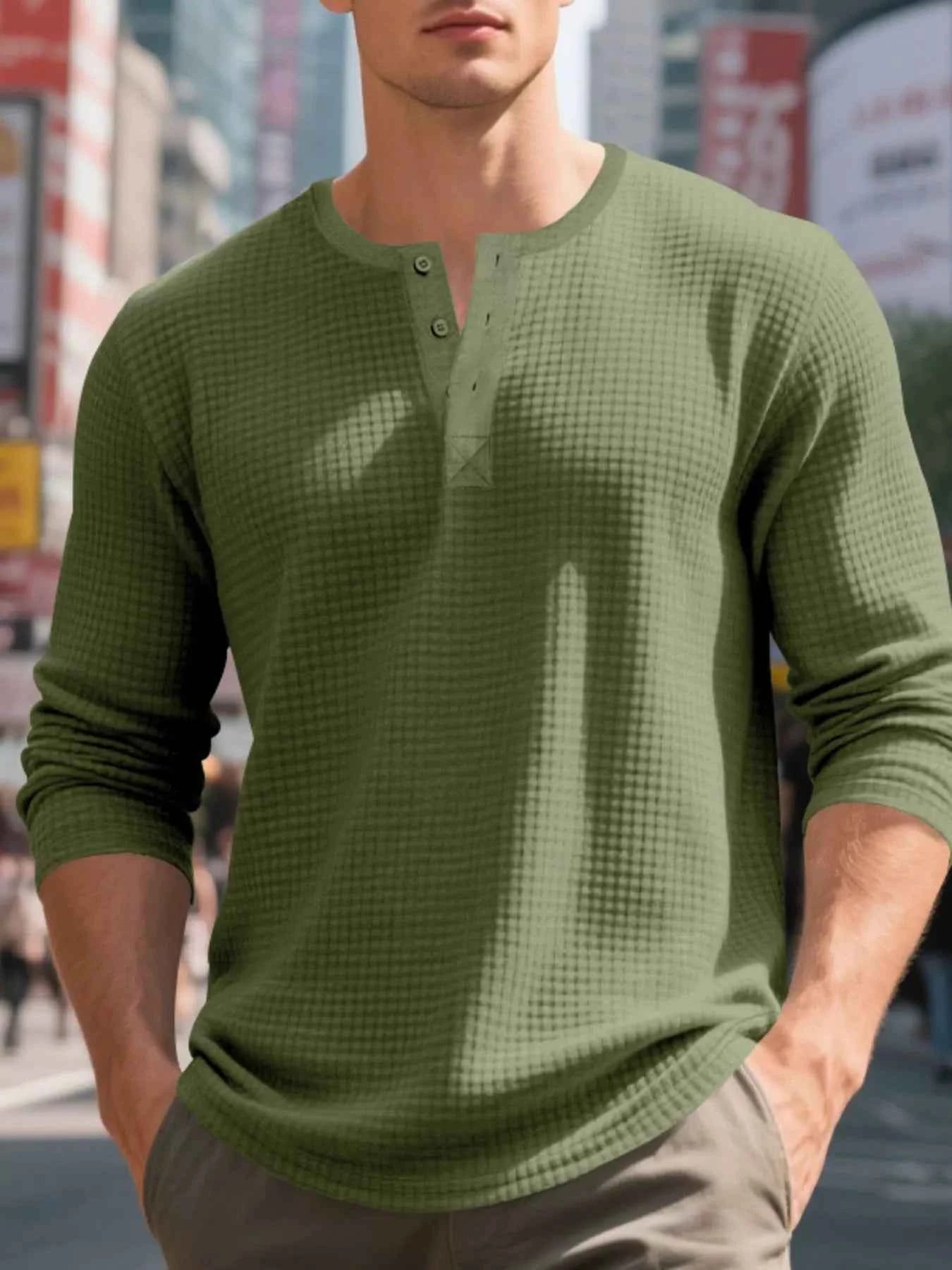 Men's Plus Size Casual Waffle Knit Henley T-Shirt